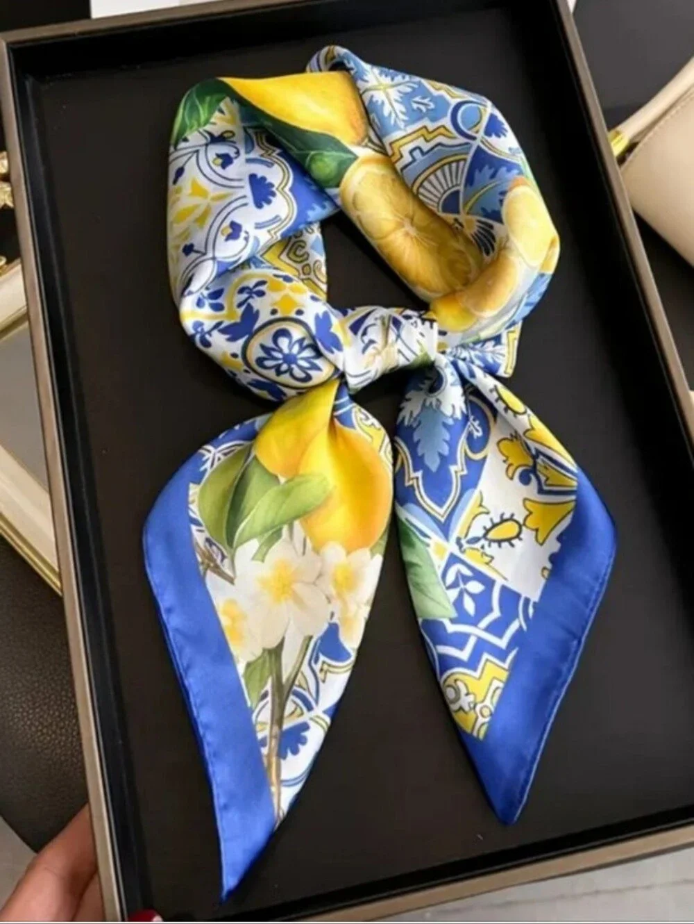 Blue & Yellow Lemon Tile Silk Scarf